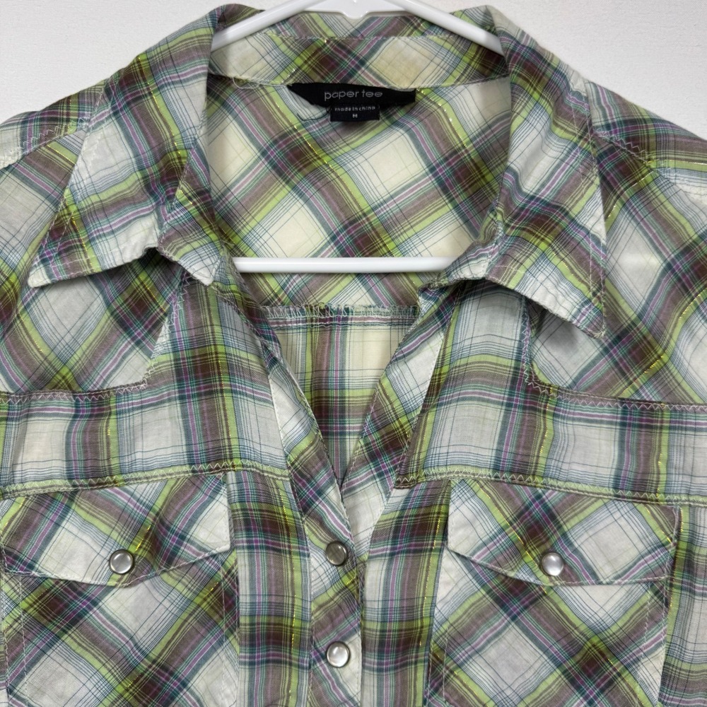 Paper Tee Plaid Western Top Shirt Pearl Snaps Short Sleeve Sz Medium